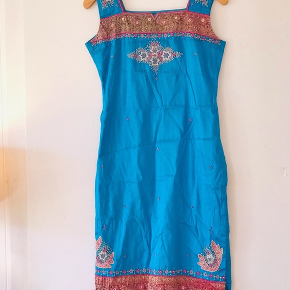 Vintage Heavily Beaded Aqua Turquoise Iridescent Indian Kurta Tunic Gems Dress. - Picture 5 of 13